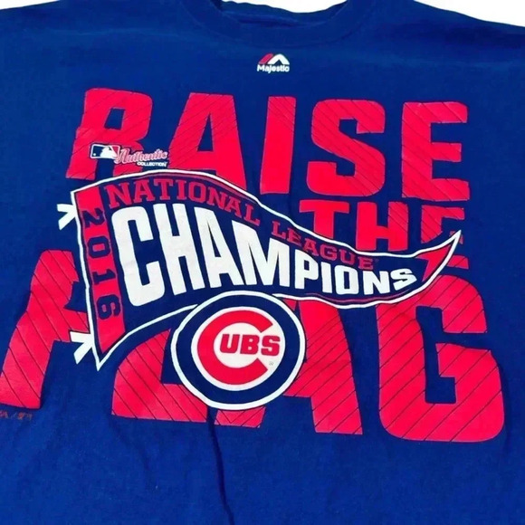 MAJESTIC Mens Chicago Cubs 2016 NL Champs Medium Raise The Flag Baseball T-Shirt - Picture 4 of 9
